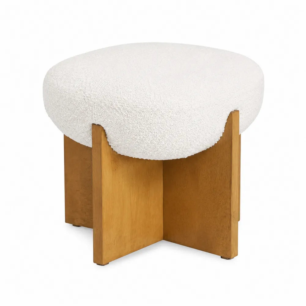 Sgabello rotondo in tessuto bouclé bianco con struttura in legno