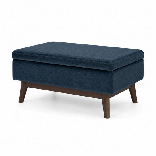 Pouf in Tessuto Blu con Gambe in Legno