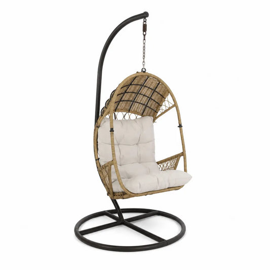 Sedia Sospesa in Rattan Sintetico con Struttura in Metallo e Cuscini Beige