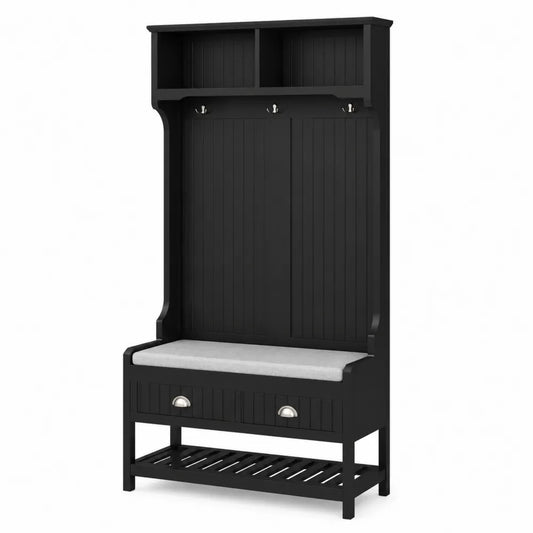 Panca Ingresso con Appendiabiti in Legno Nero e Cuscino in Tessuto Grigio