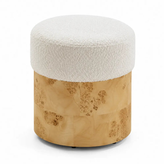 Pouf tondo in bouclé bianco e legno di radica 45x35 cm
