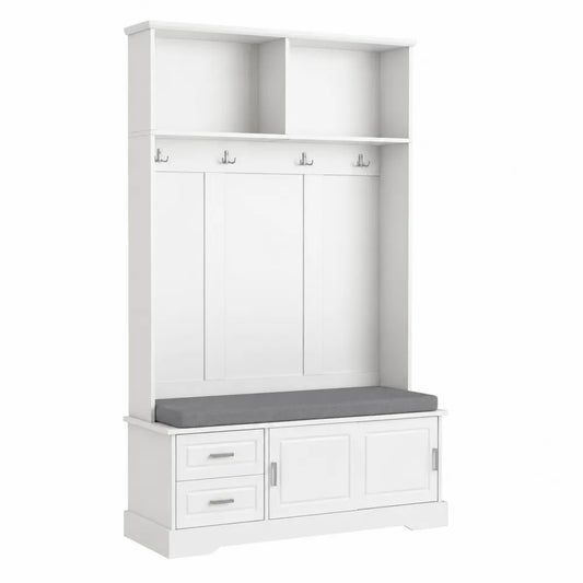 Guardaroba da Ingresso in Legno con Panca in Tessuto Bianco Grigio
